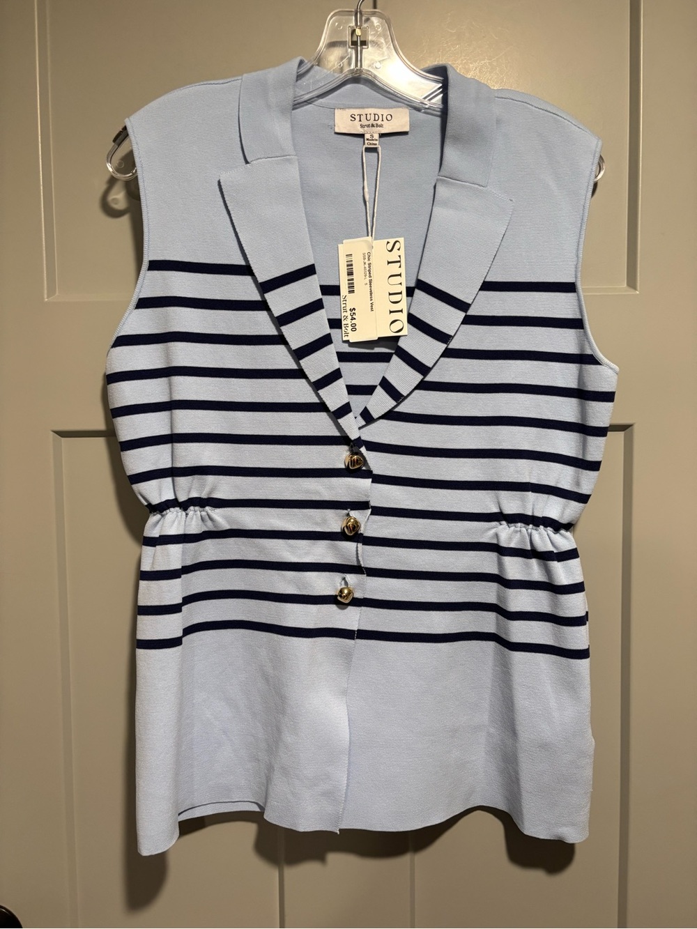 Studio Light Blue and Navy Striped Sleeveless Button-Front Tunic
